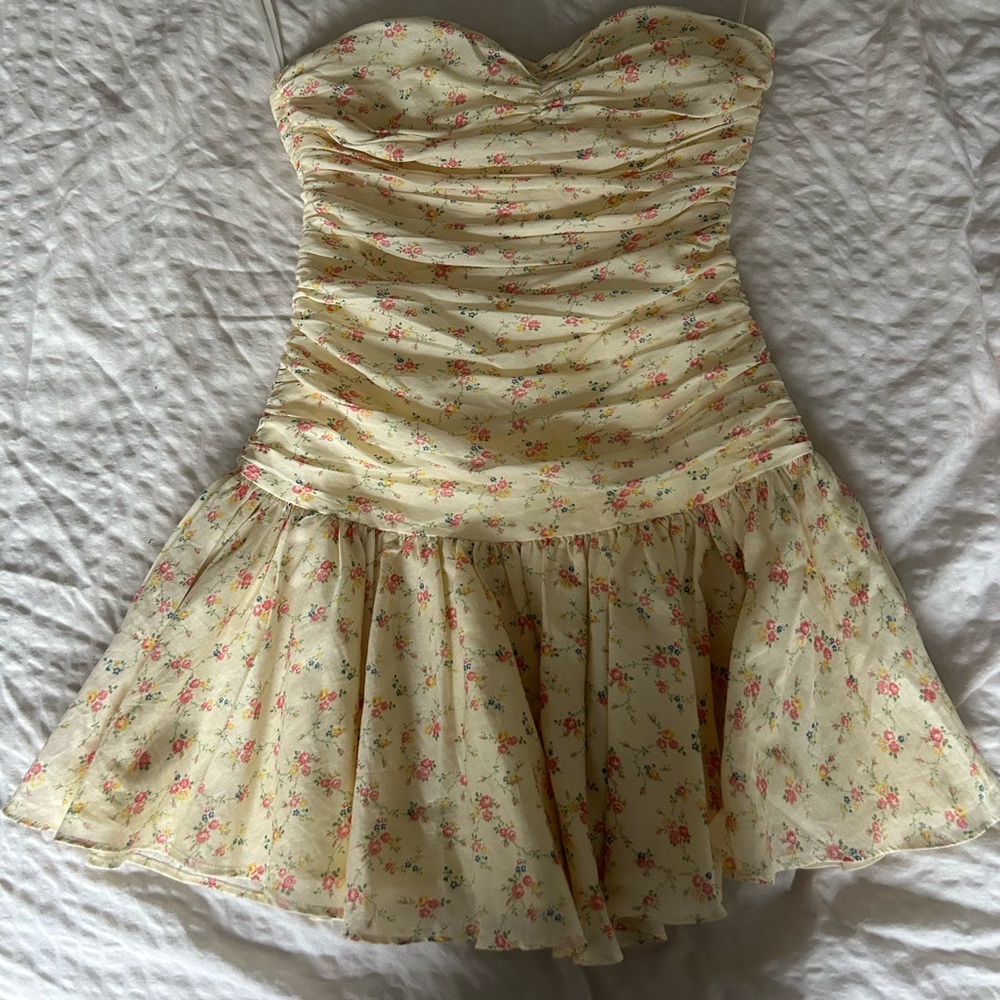 LoveShackFancy Strapless Yellow Mini Floral Dress